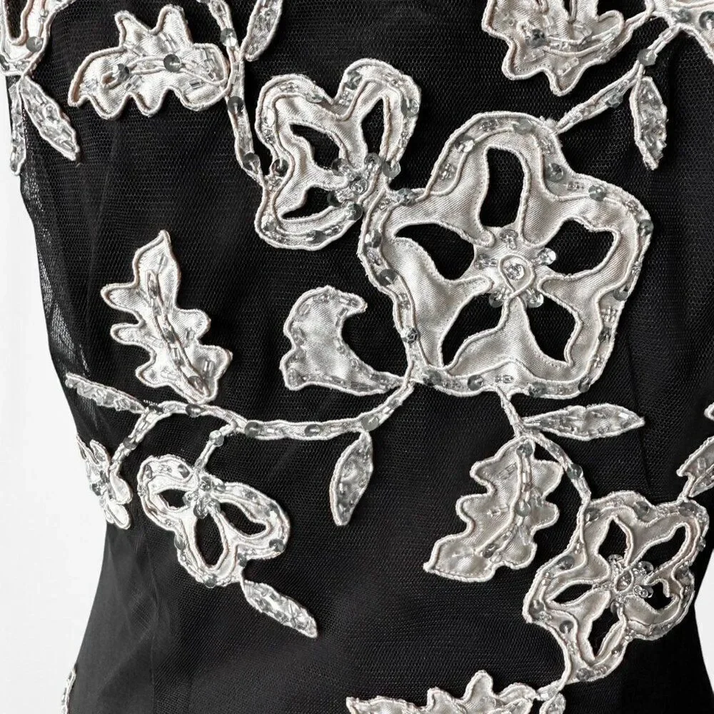 Vintage Y2K 90s Brown Floral Embroidered Mesh Maxi Formal Prom Dress Size S/M